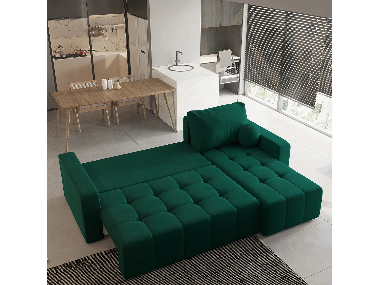 Canapé d'angle VOLIRA Vert Sapin en peluche avec fonction de couchage