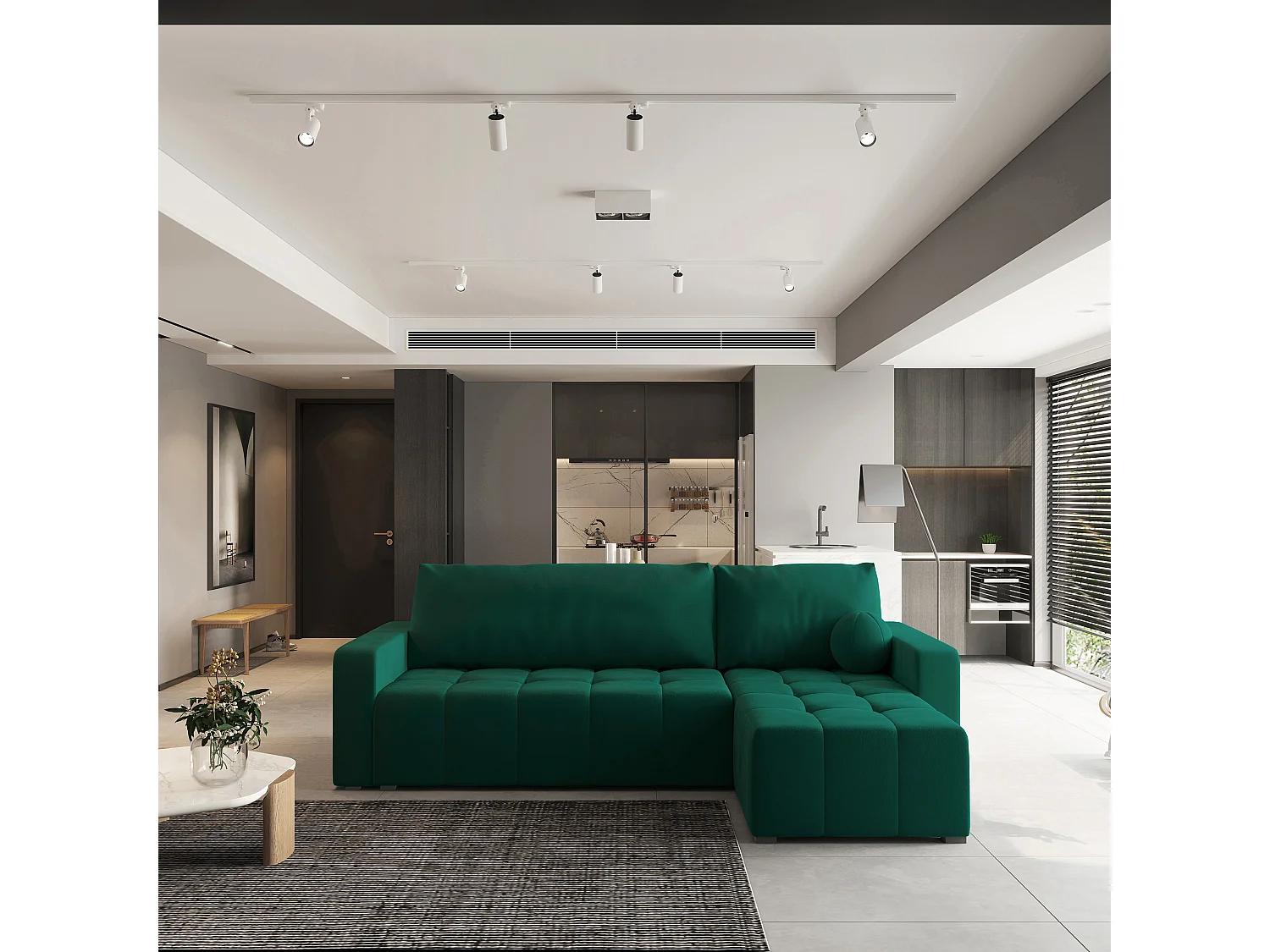 Canapé d'angle VOLIRA Vert Sapin en peluche avec fonction de couchage