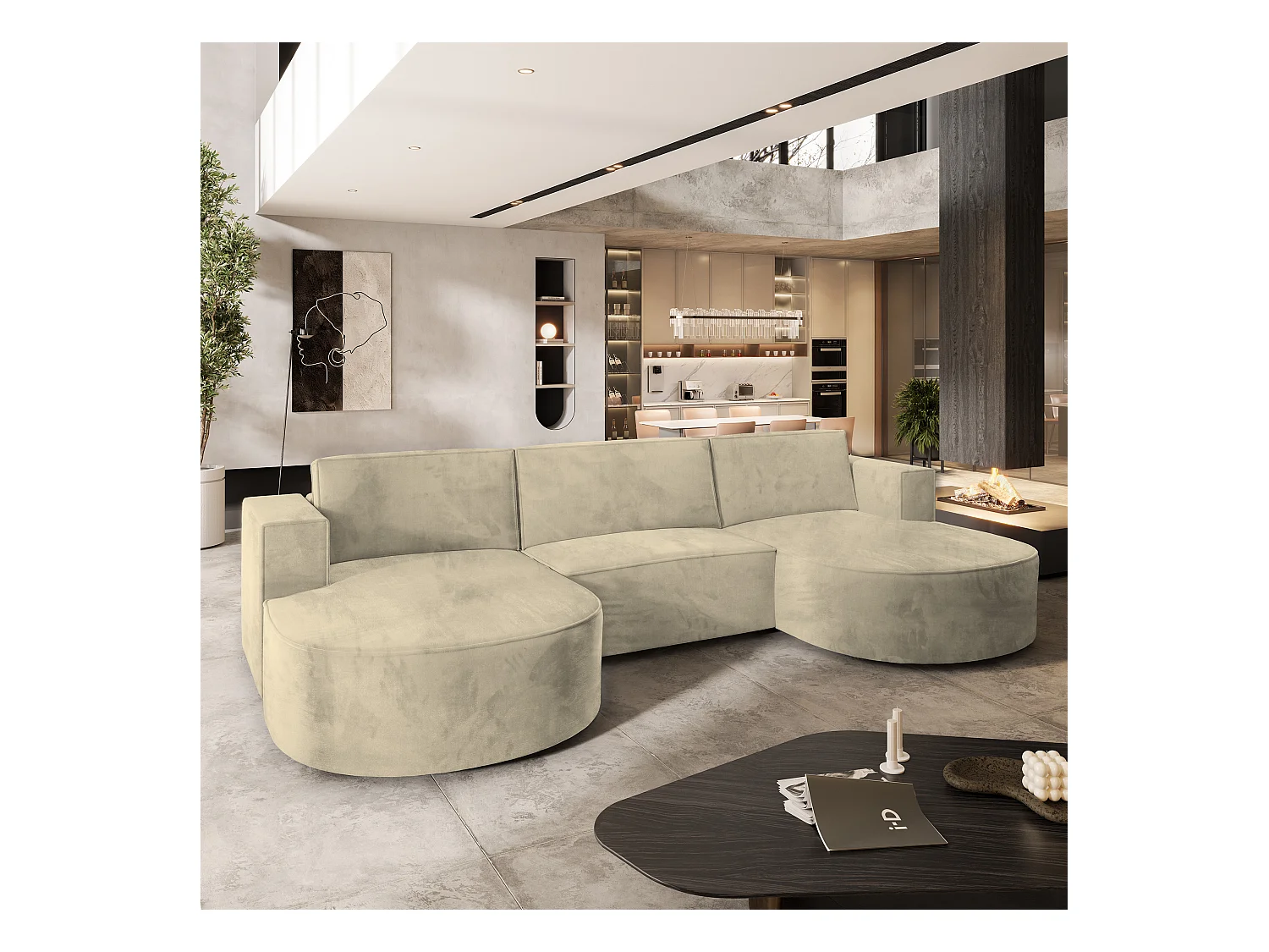 Canapé d'angle VEZZO Crème en velours avec fonction de couchage