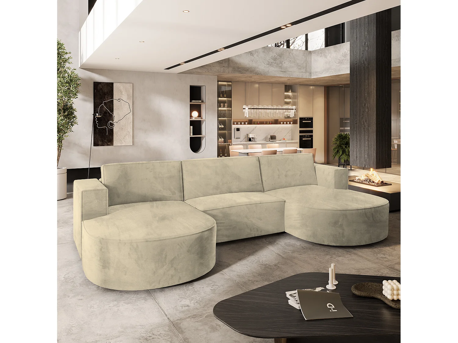 Canapé d'angle VEZZO Crème en velours avec fonction de couchage