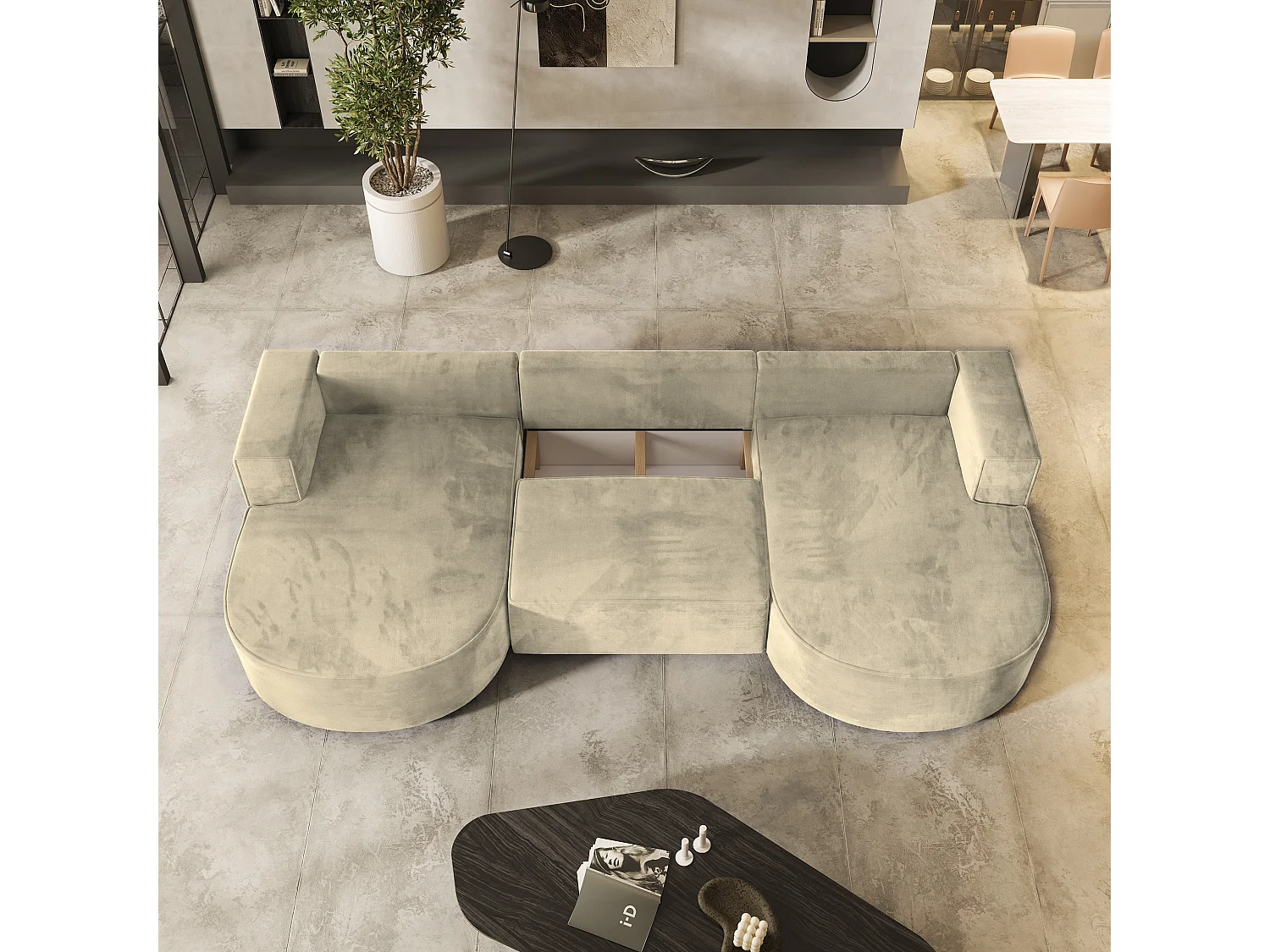 Canapé d'angle VEZZO Crème en velours avec fonction de couchage