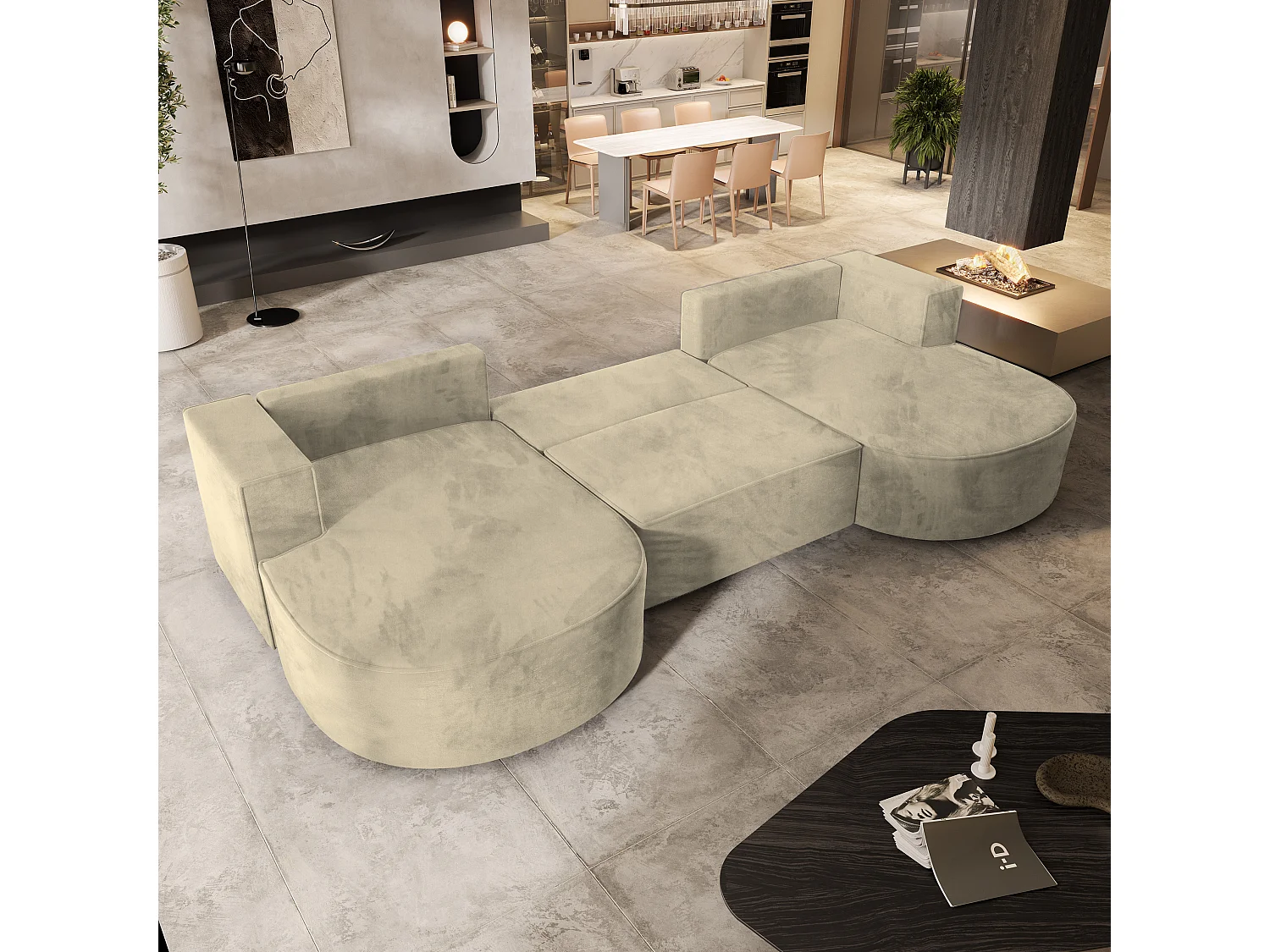 Canapé d'angle VEZZO Crème en velours avec fonction de couchage