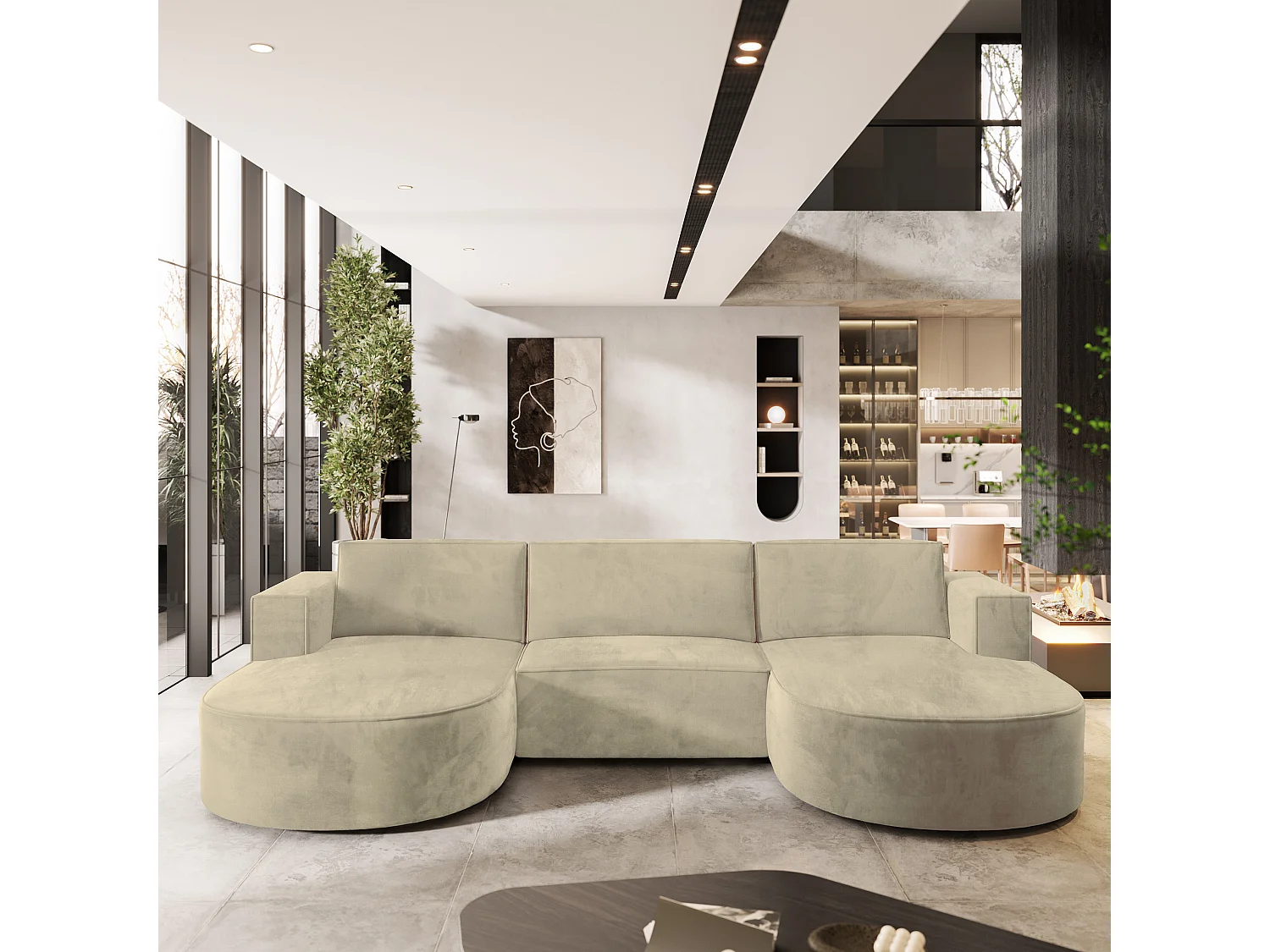 Canapé d'angle VEZZO Crème en velours avec fonction de couchage