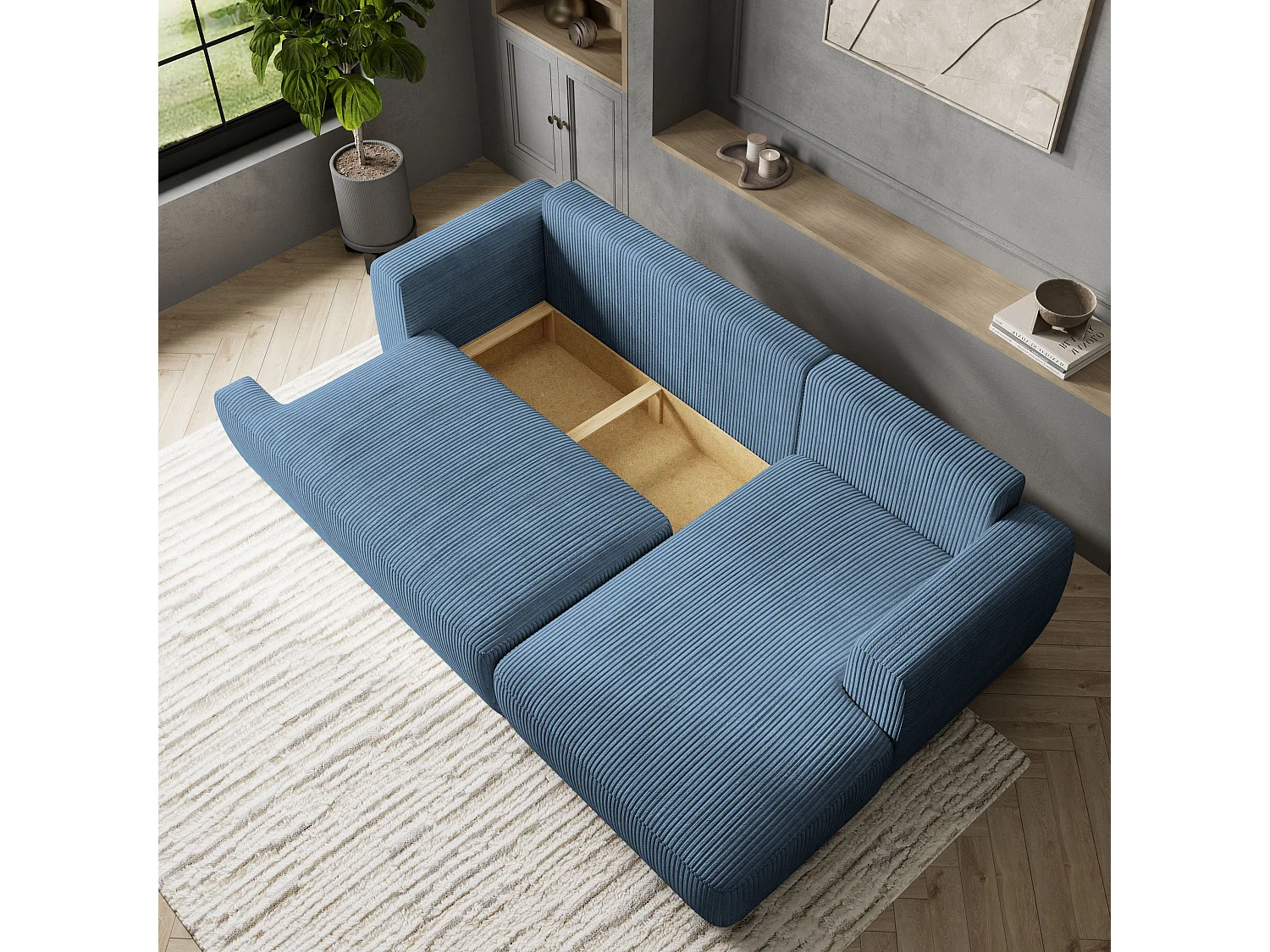 Canapé d'angle SENTI Bleu en velours côtelé avec fonction de couchage