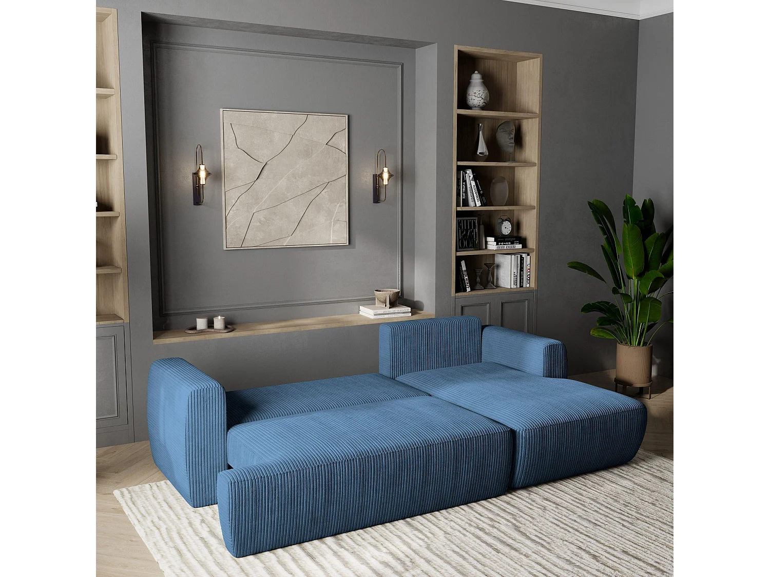 Canapé d'angle SENTI Bleu en velours côtelé avec fonction de couchage