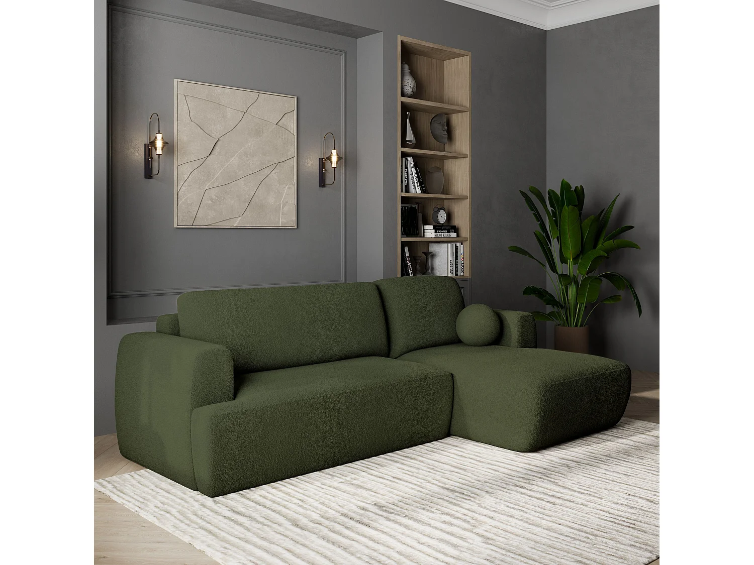 Canapé d'angle SENTI Vert en bouclé avec fonction de couchage