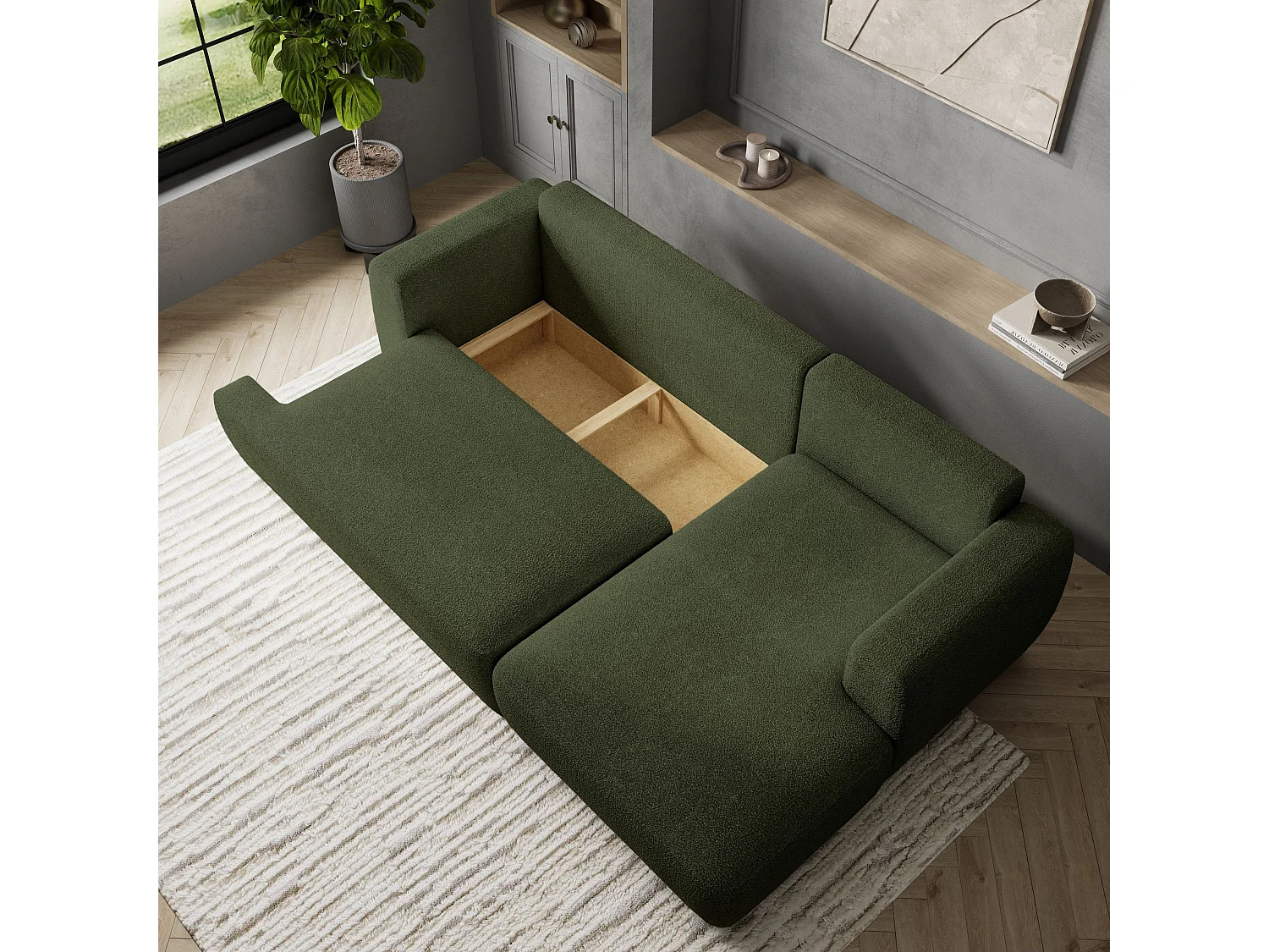 Canapé d'angle SENTI Vert en bouclé avec fonction de couchage