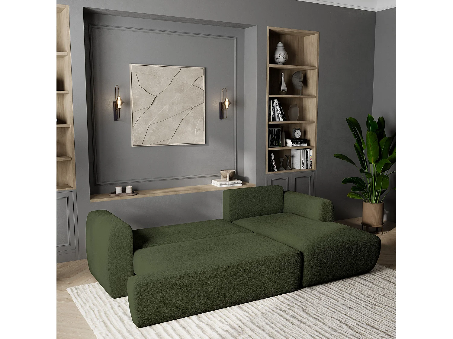 Canapé d'angle SENTI Vert en bouclé avec fonction de couchage