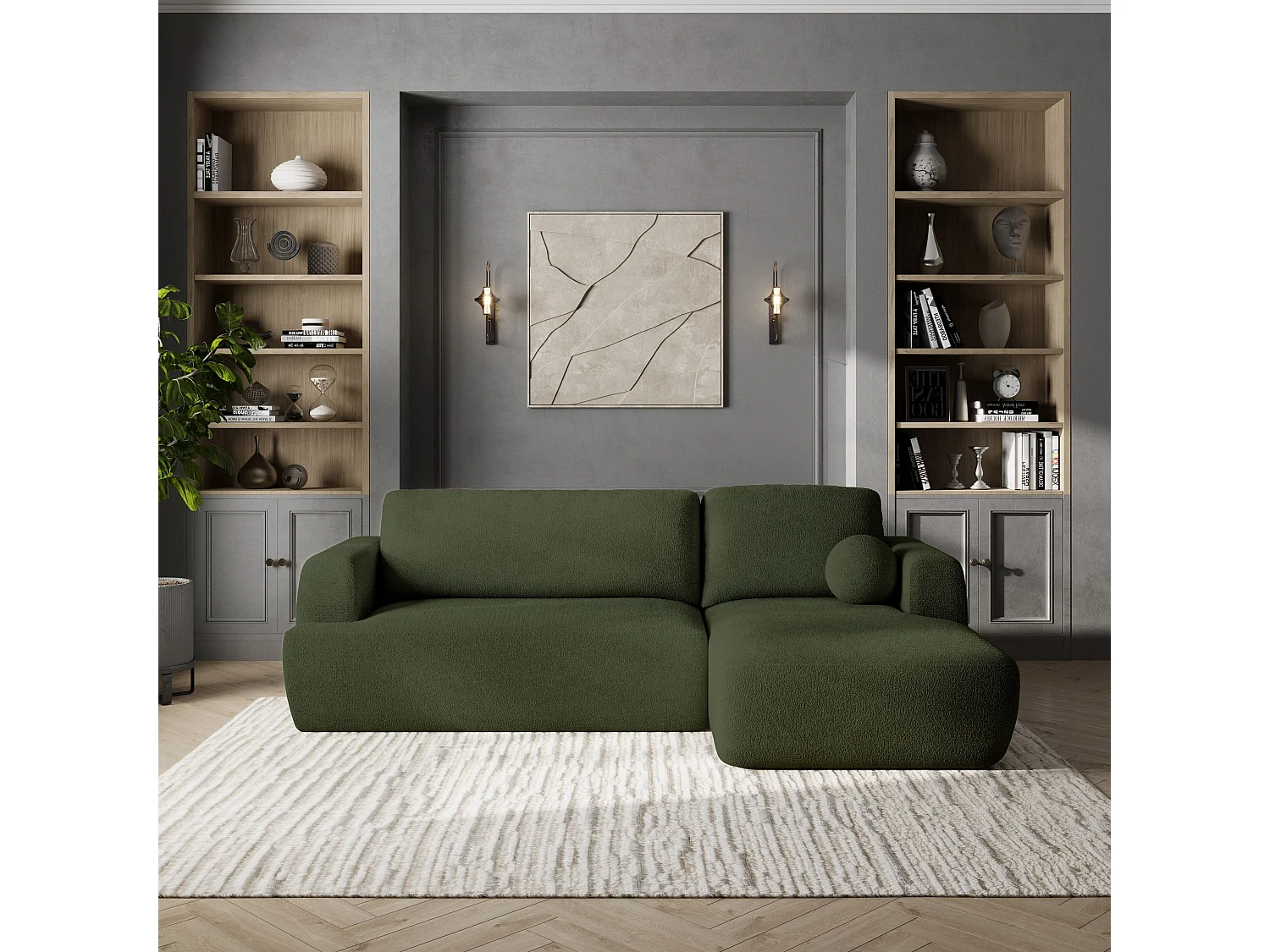 Canapé d'angle SENTI Vert en bouclé avec fonction de couchage