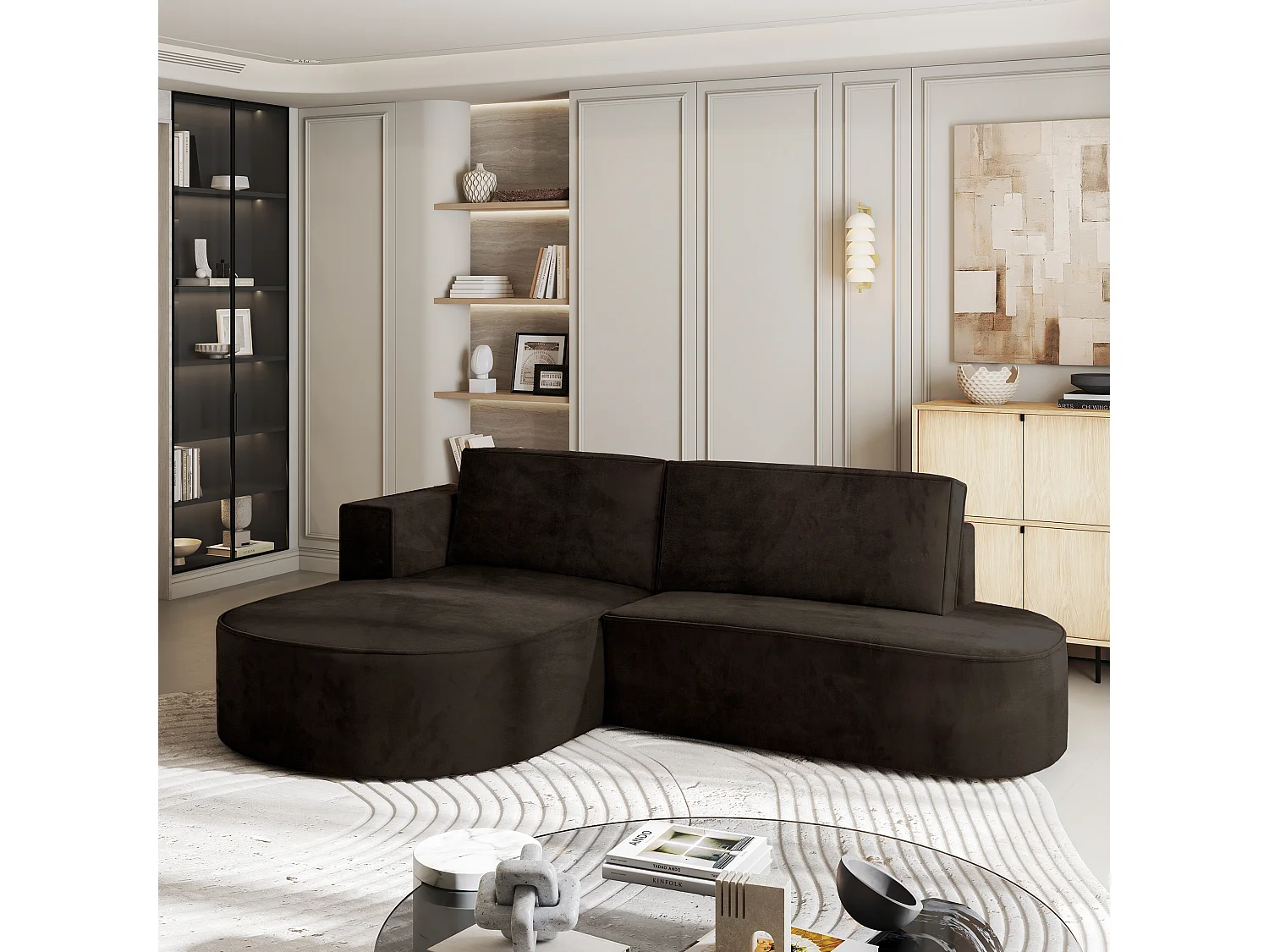 Canapé d'angle CORTIO Marron en velours avec fonction de couchage