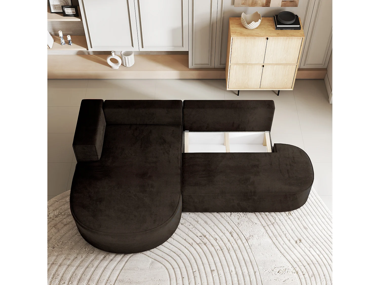 Canapé d'angle CORTIO Marron en velours avec fonction de couchage