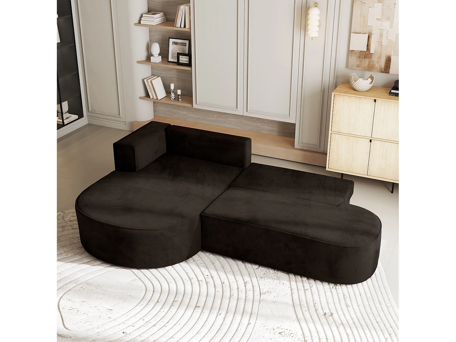 Canapé d'angle CORTIO Marron en velours avec fonction de couchage