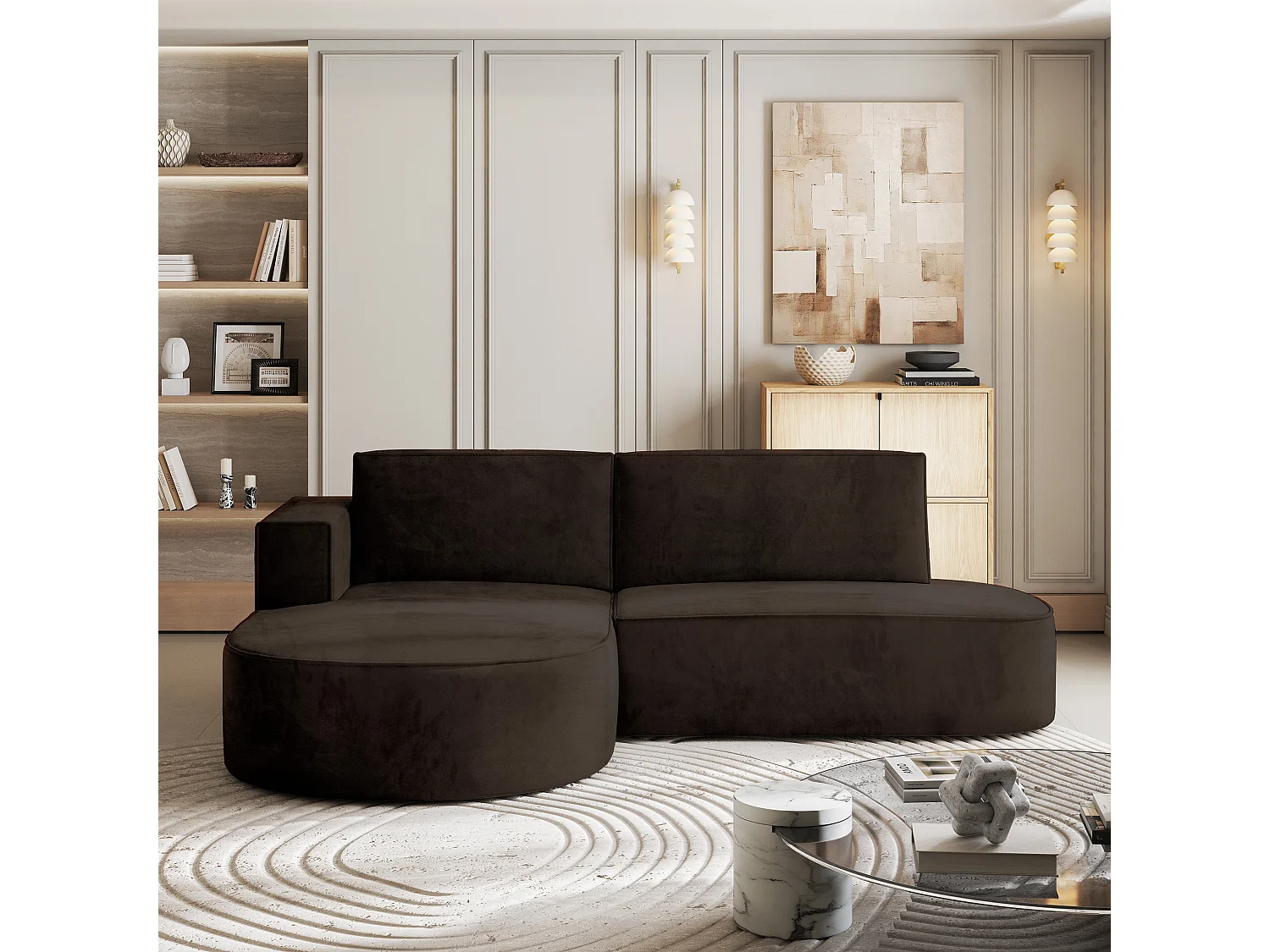 Canapé d'angle CORTIO Marron en velours avec fonction de couchage