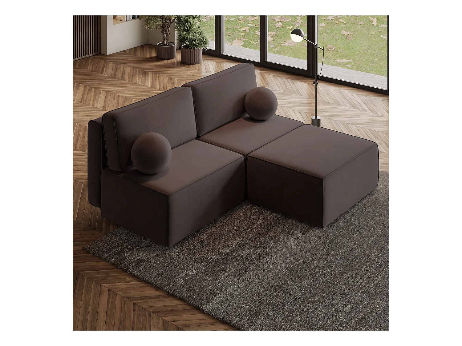Canapé d'angle VARNA Marron en velours avec fonction de couchage