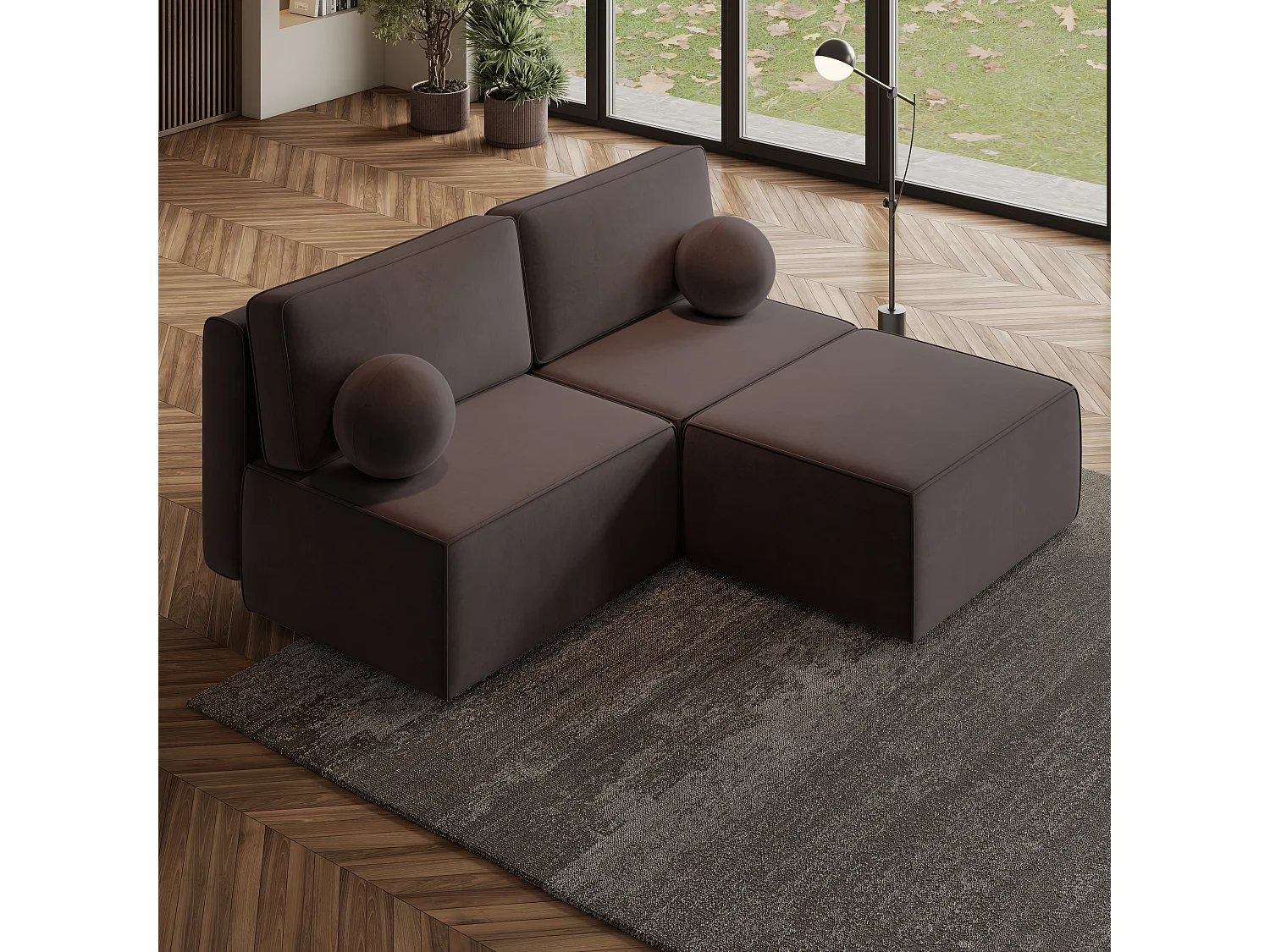Canapé d'angle VARNA Marron en velours avec fonction de couchage