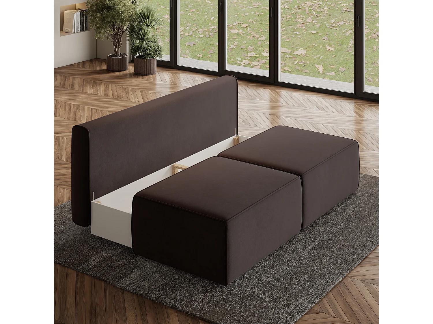 Canapé d'angle VARNA Marron en velours avec fonction de couchage