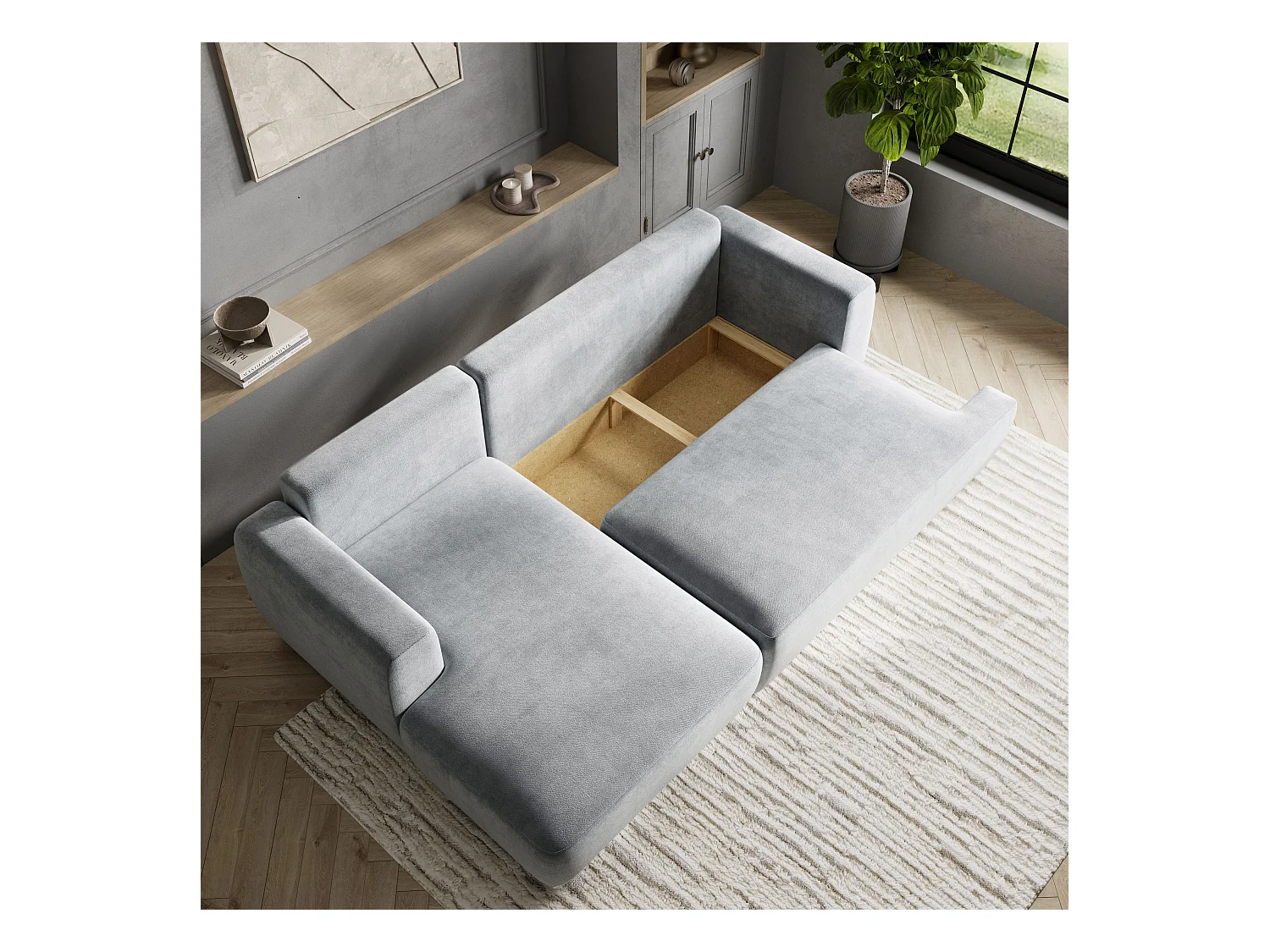 Canapé d'angle SENTI Vert Sapin en peluche avec fonction de couchage