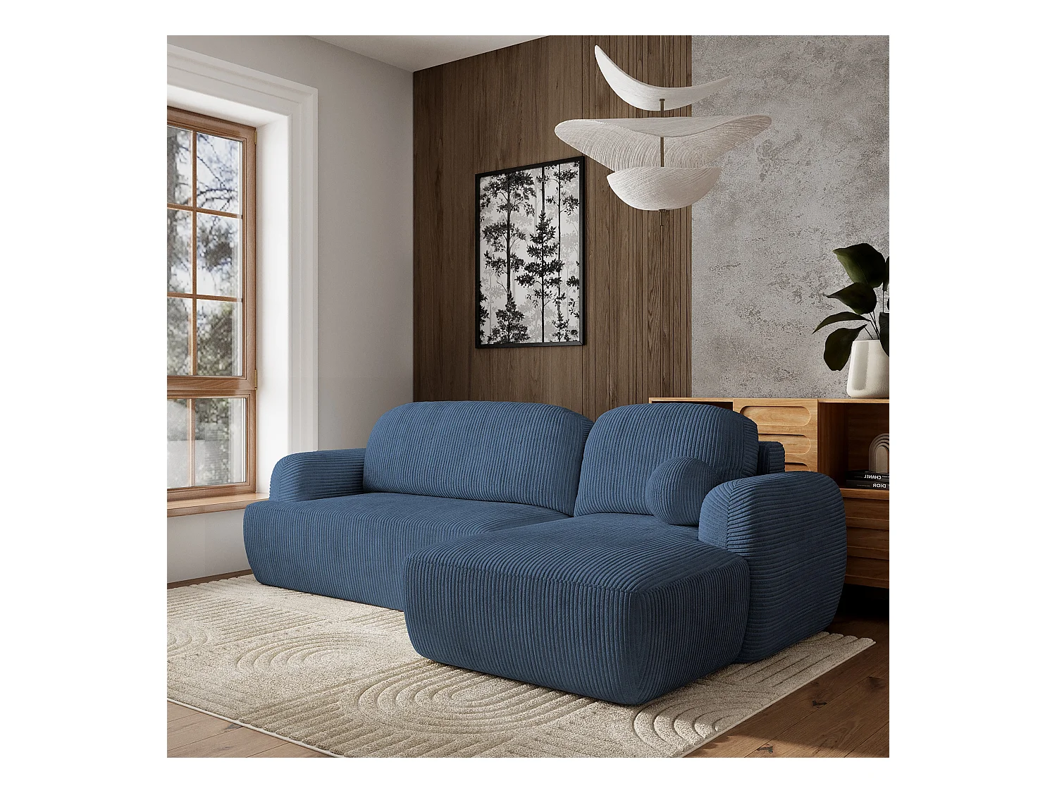 Canapé d'angle MODENZA Bleu en velours côtelé avec fonction de couchage