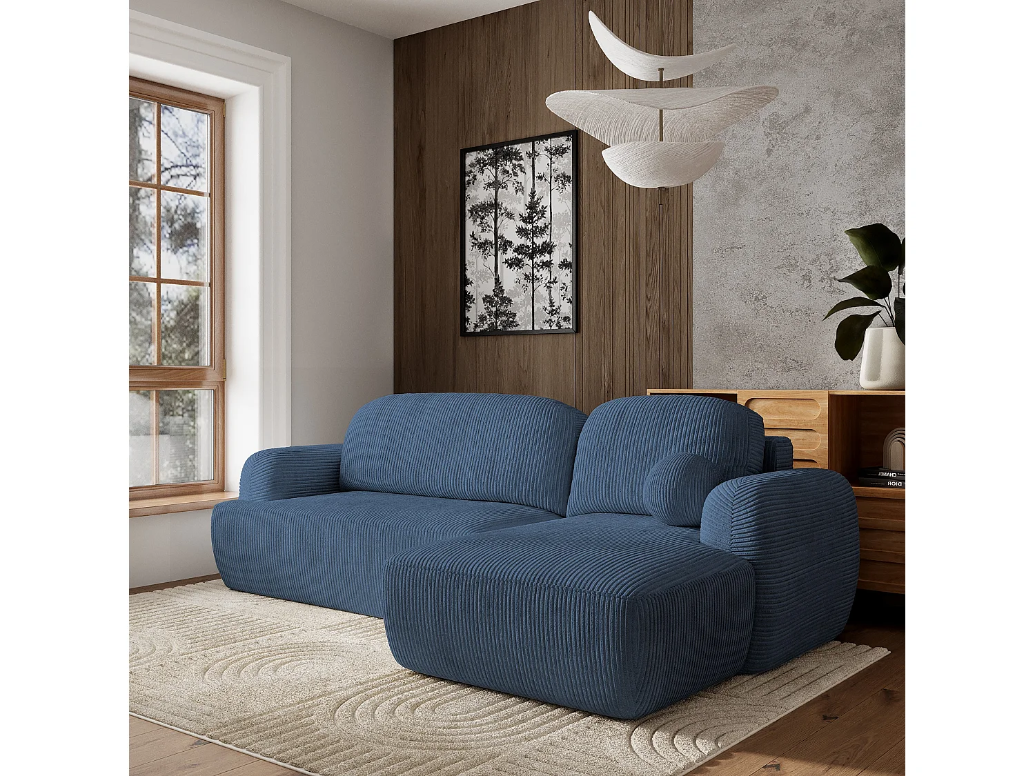 Canapé d'angle MODENZA Bleu en velours côtelé avec fonction de couchage