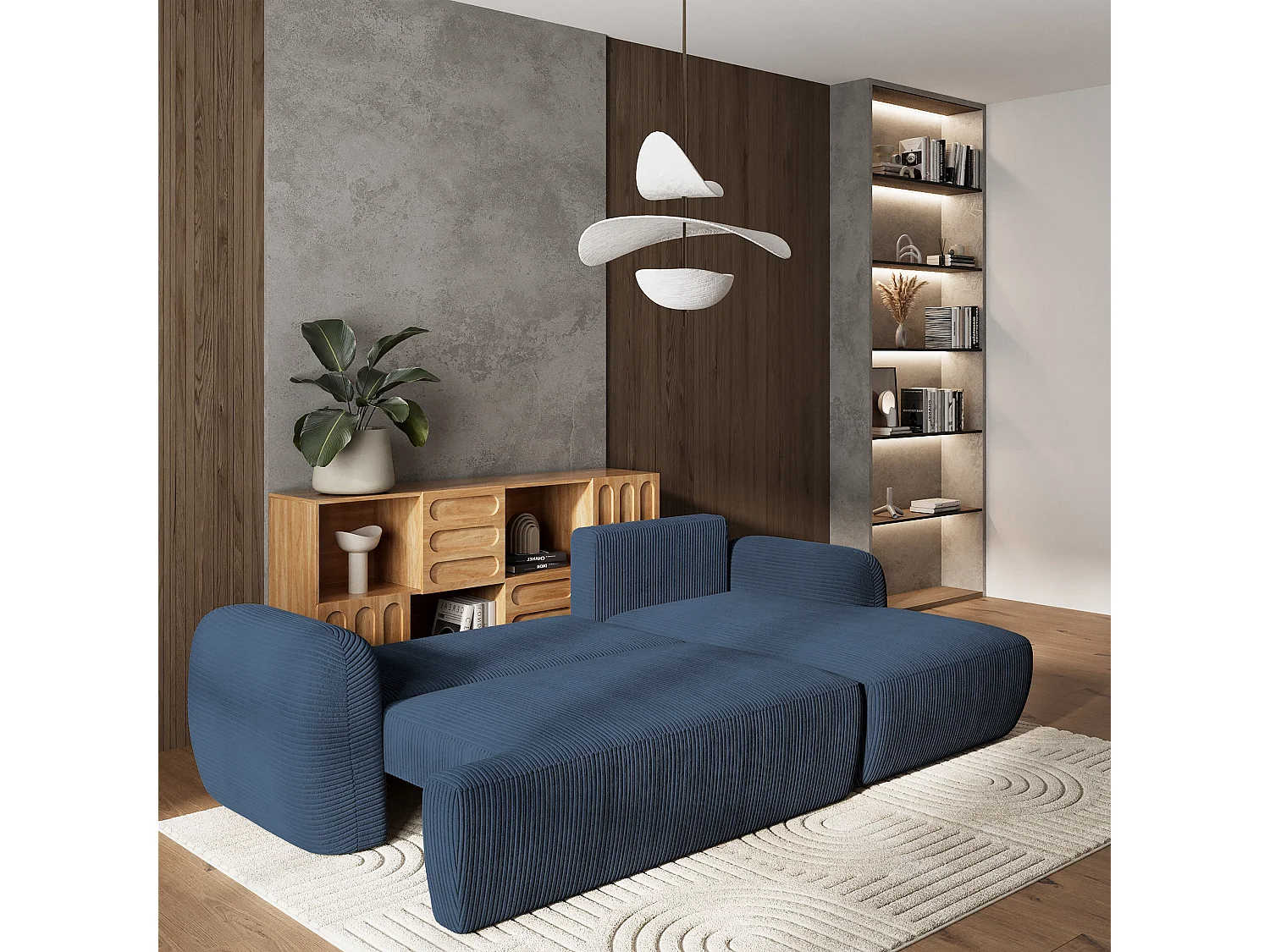 Canapé d'angle MODENZA Bleu en velours côtelé avec fonction de couchage