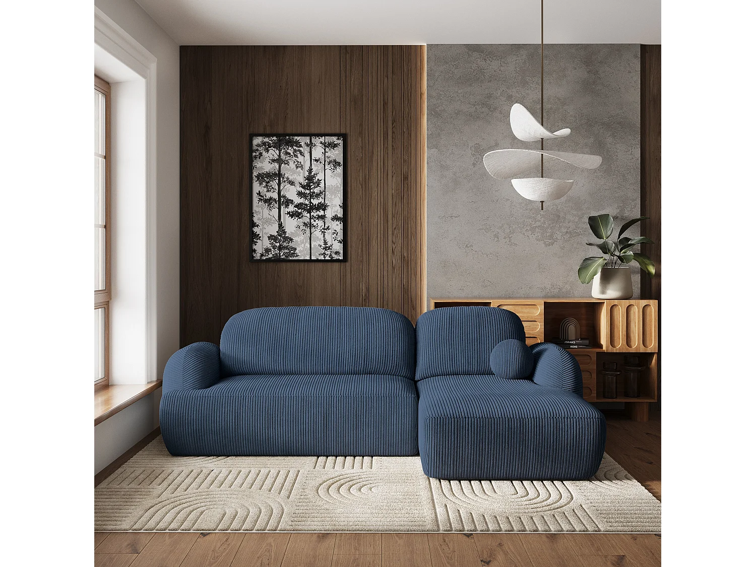 Canapé d'angle MODENZA Bleu en velours côtelé avec fonction de couchage