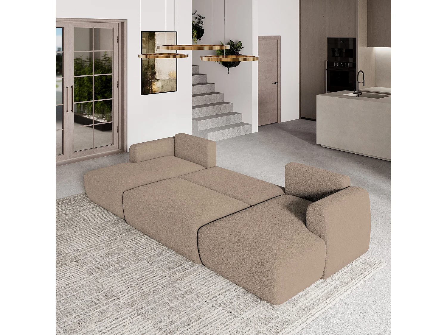 Canapé d'angle SENTUM Beige en bouclé avec fonction de couchage