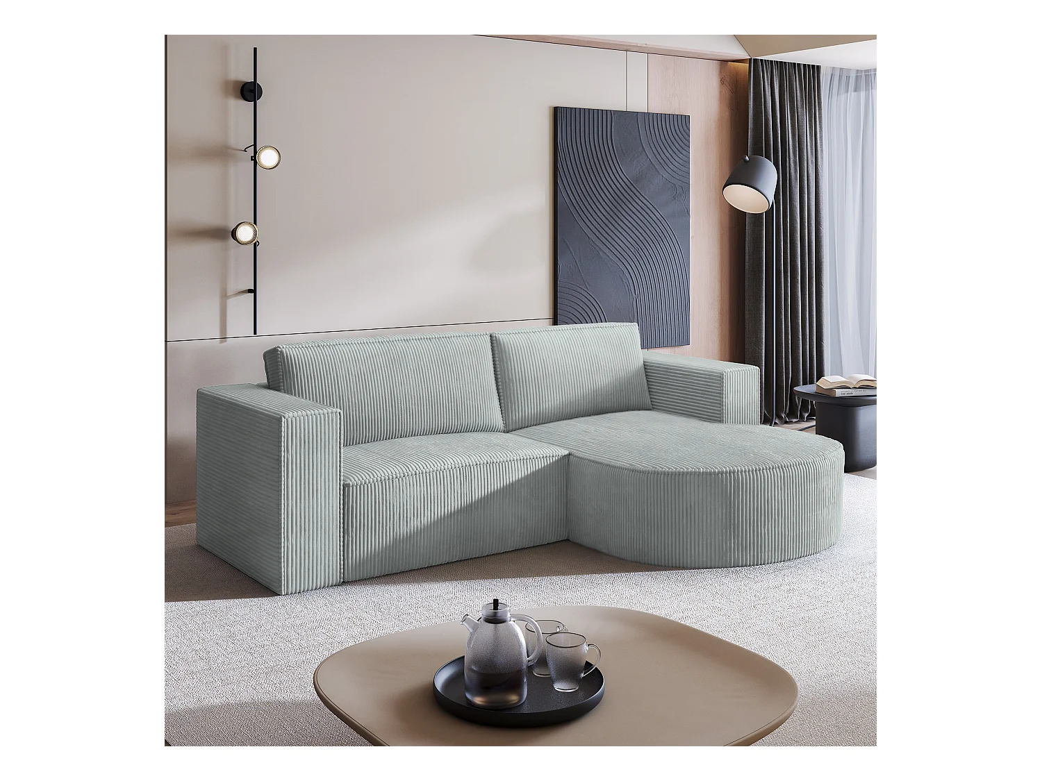 Canapé d'angle SORELA Gris clair en velours côtelé avec fonction de couchage