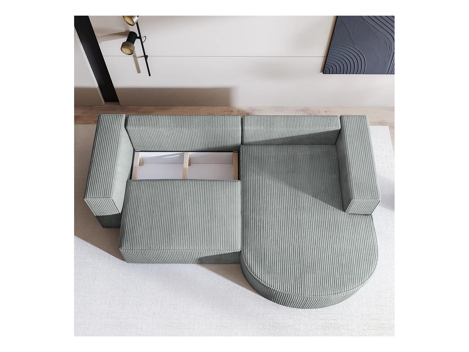 Canapé d'angle SORELA Gris clair en velours côtelé avec fonction de couchage
