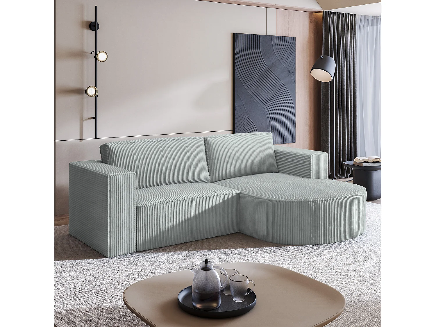 Canapé d'angle SORELA Gris clair en velours côtelé avec fonction de couchage