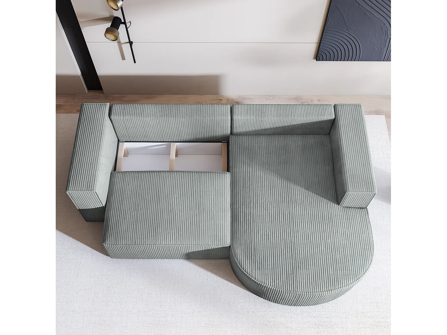 Canapé d'angle SORELA Gris clair en velours côtelé avec fonction de couchage