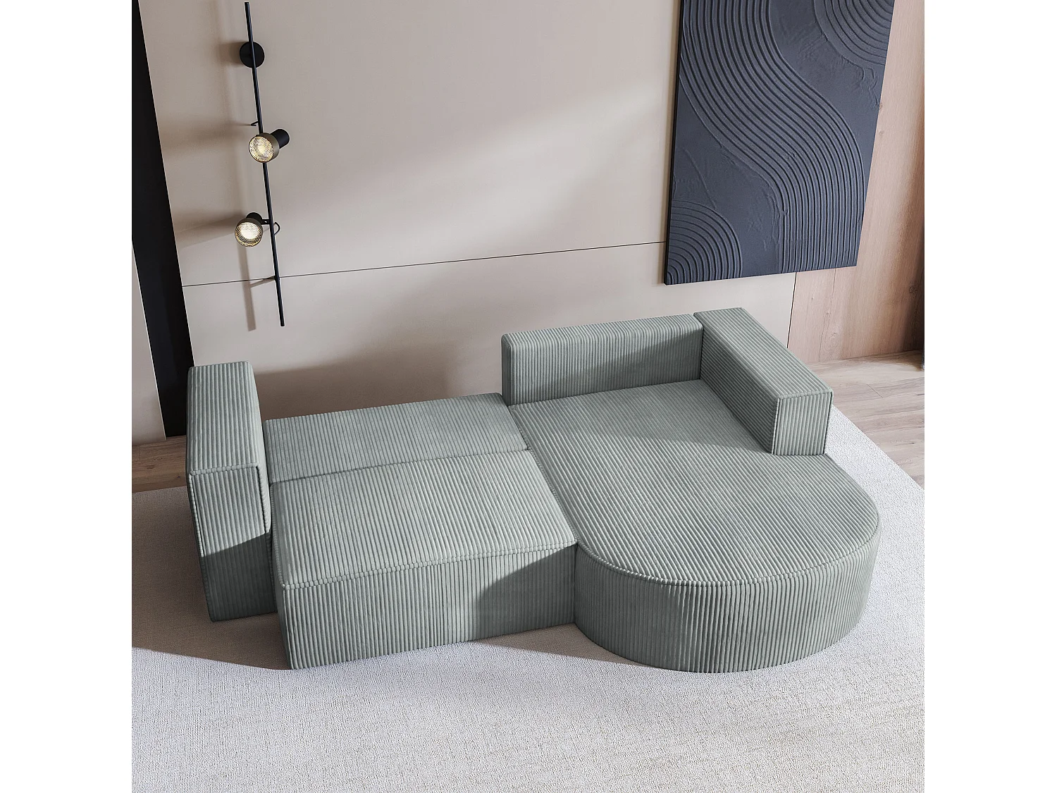 Canapé d'angle SORELA Gris clair en velours côtelé avec fonction de couchage