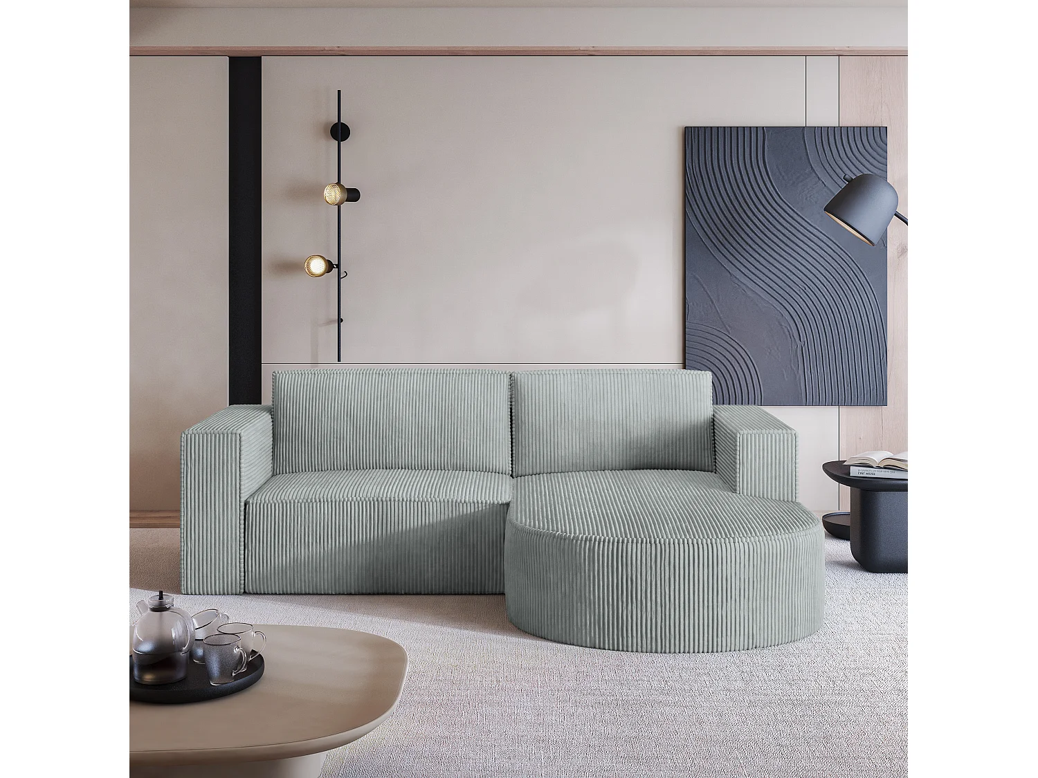 Canapé d'angle SORELA Gris clair en velours côtelé avec fonction de couchage