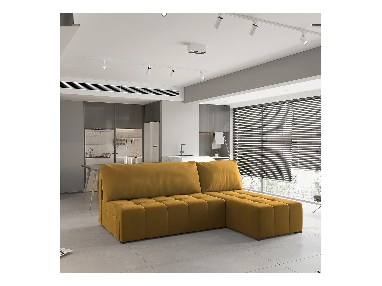 Canapé d'angle DOMIRA Jaune en peluche avec fonction de couchage