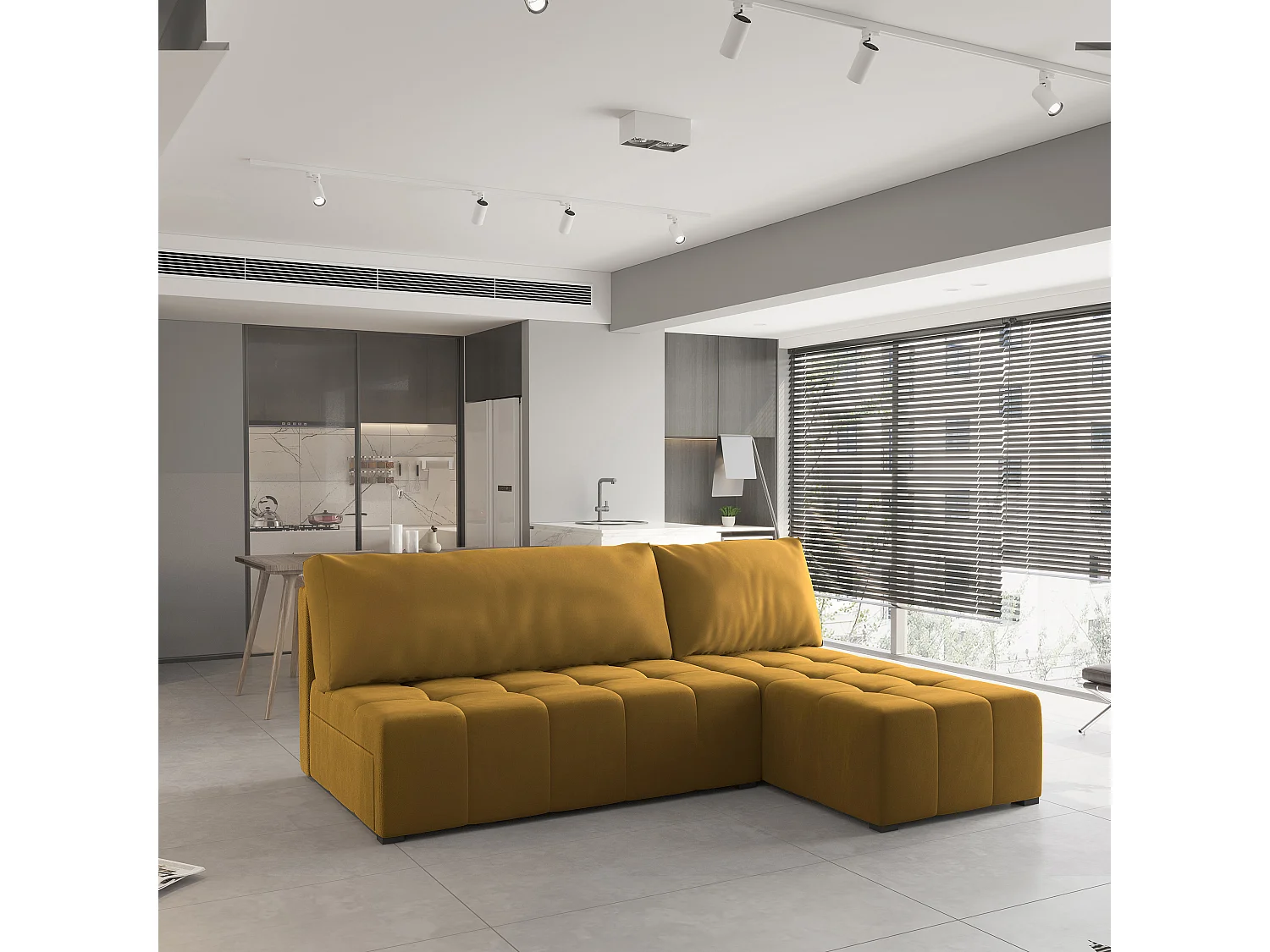 Canapé d'angle DOMIRA Jaune en peluche avec fonction de couchage