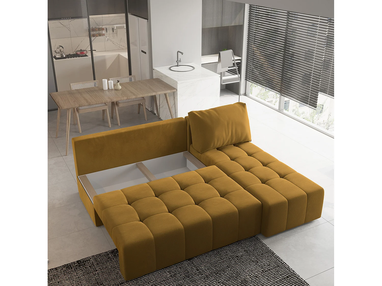 Canapé d'angle DOMIRA Jaune en peluche avec fonction de couchage
