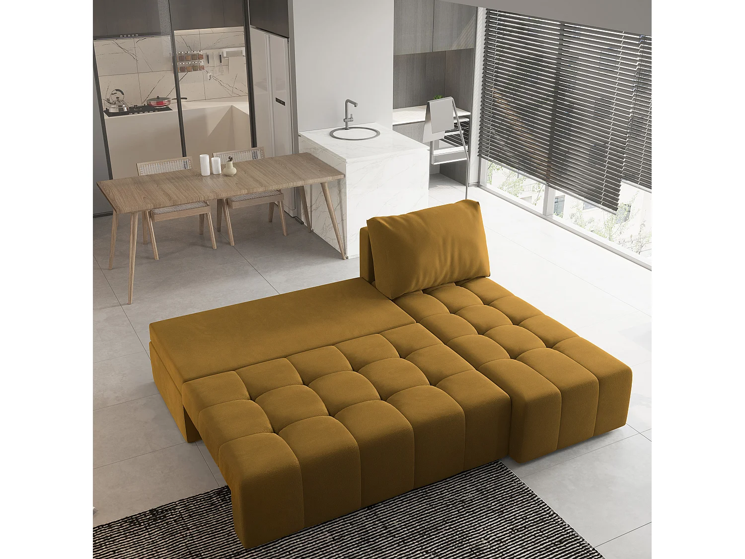Canapé d'angle DOMIRA Jaune en peluche avec fonction de couchage