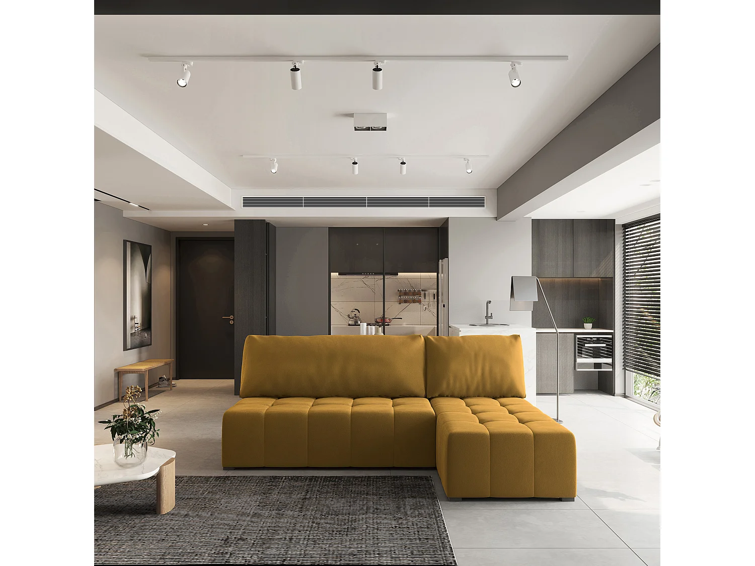 Canapé d'angle DOMIRA Jaune en peluche avec fonction de couchage