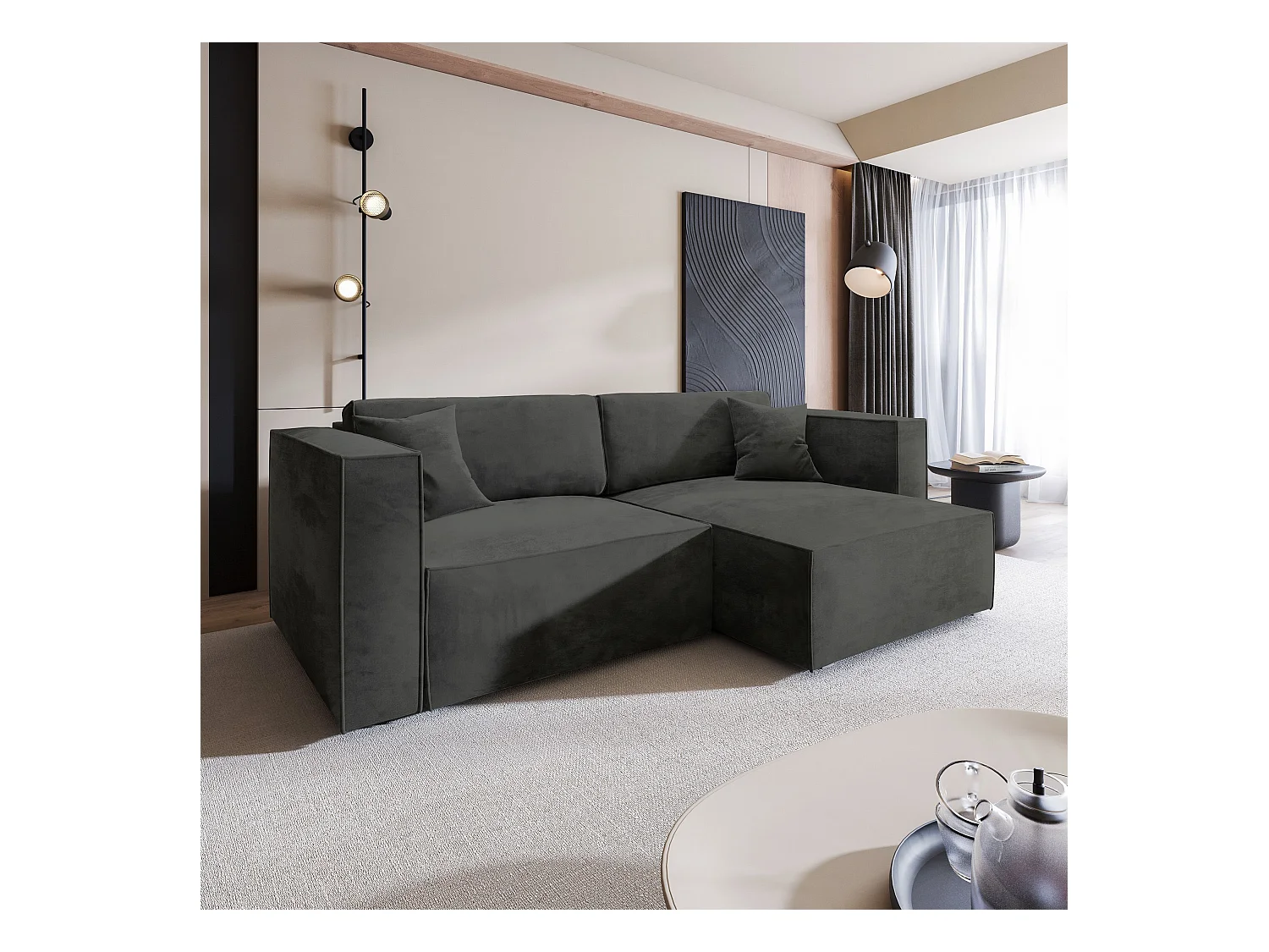 Canapé d'angle NERIO Noir en velours avec fonction de couchage