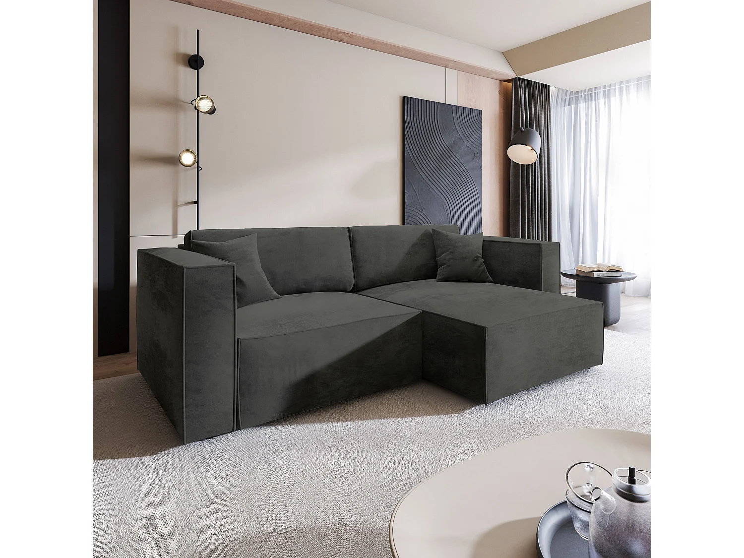 Canapé d'angle NERIO Noir en velours avec fonction de couchage