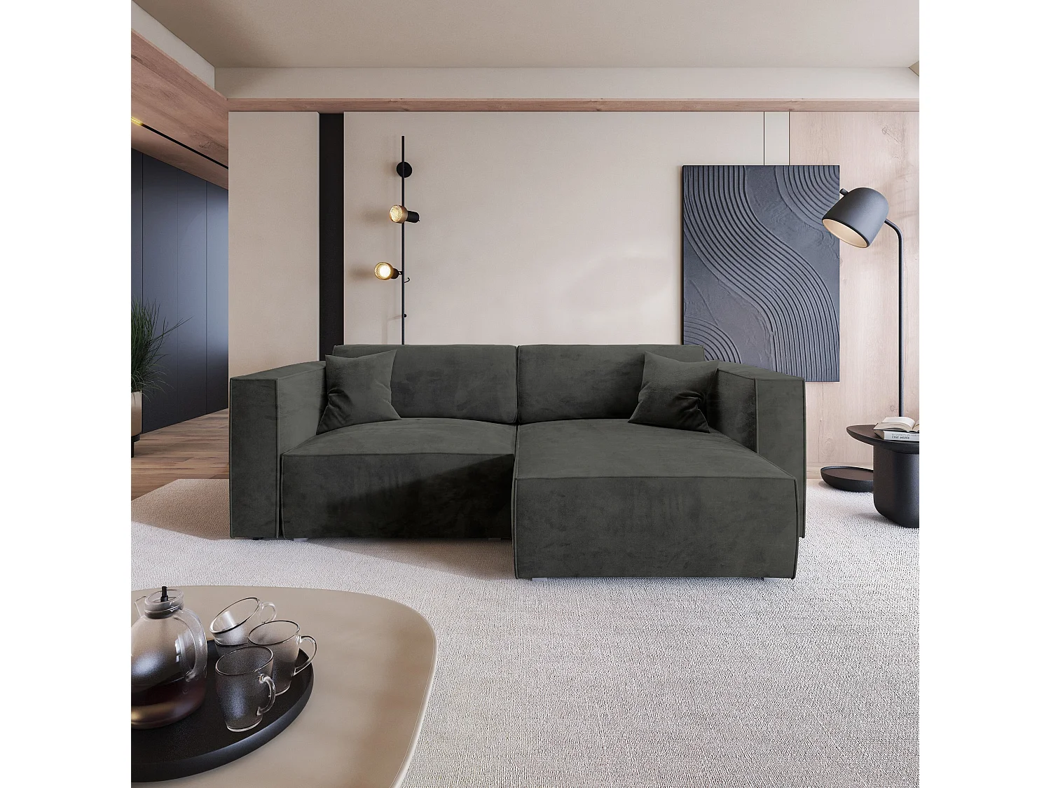 Canapé d'angle NERIO Noir en velours avec fonction de couchage