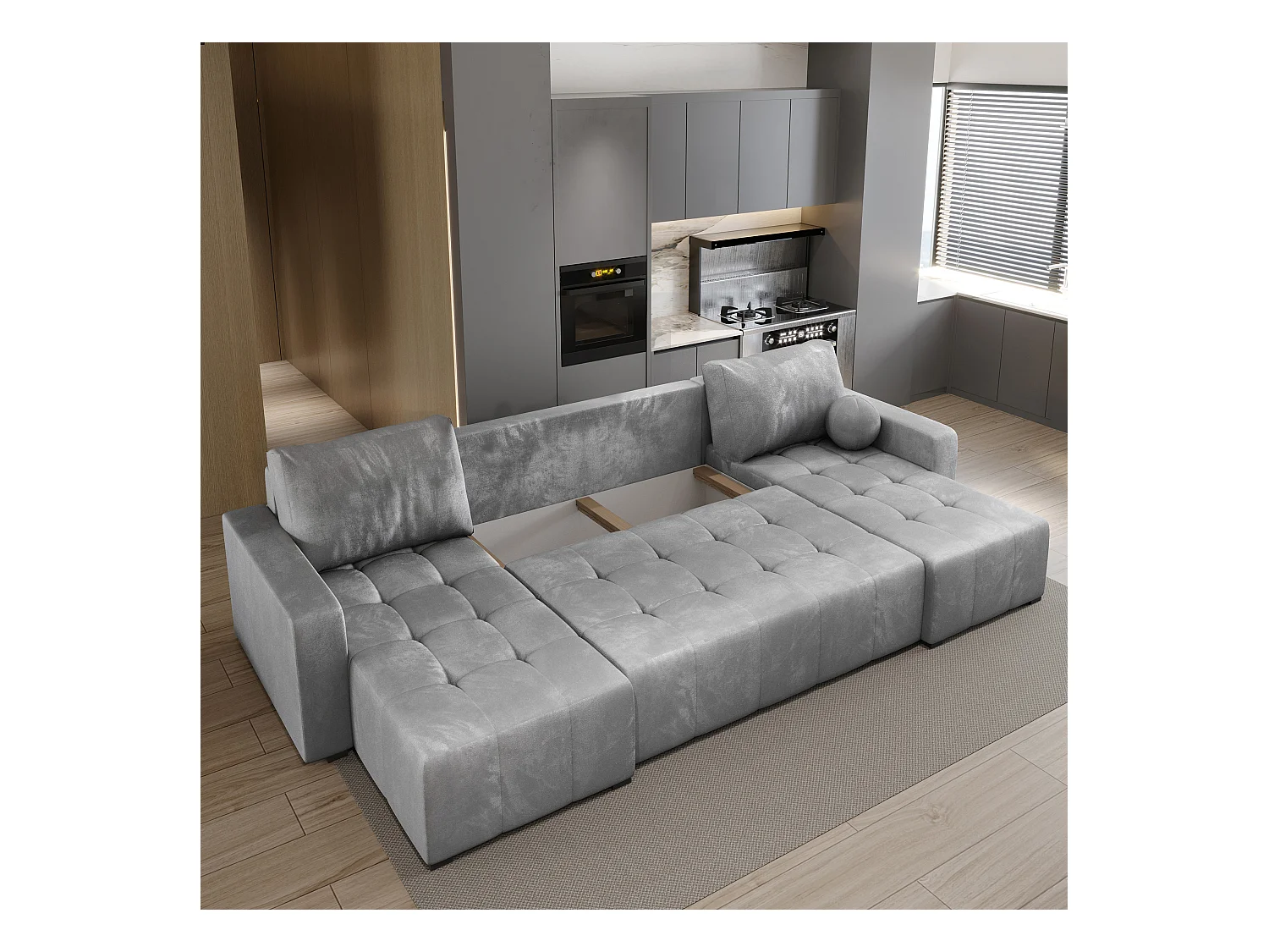 Canapé d'angle TOLARI Gris en peluche avec fonction de couchage