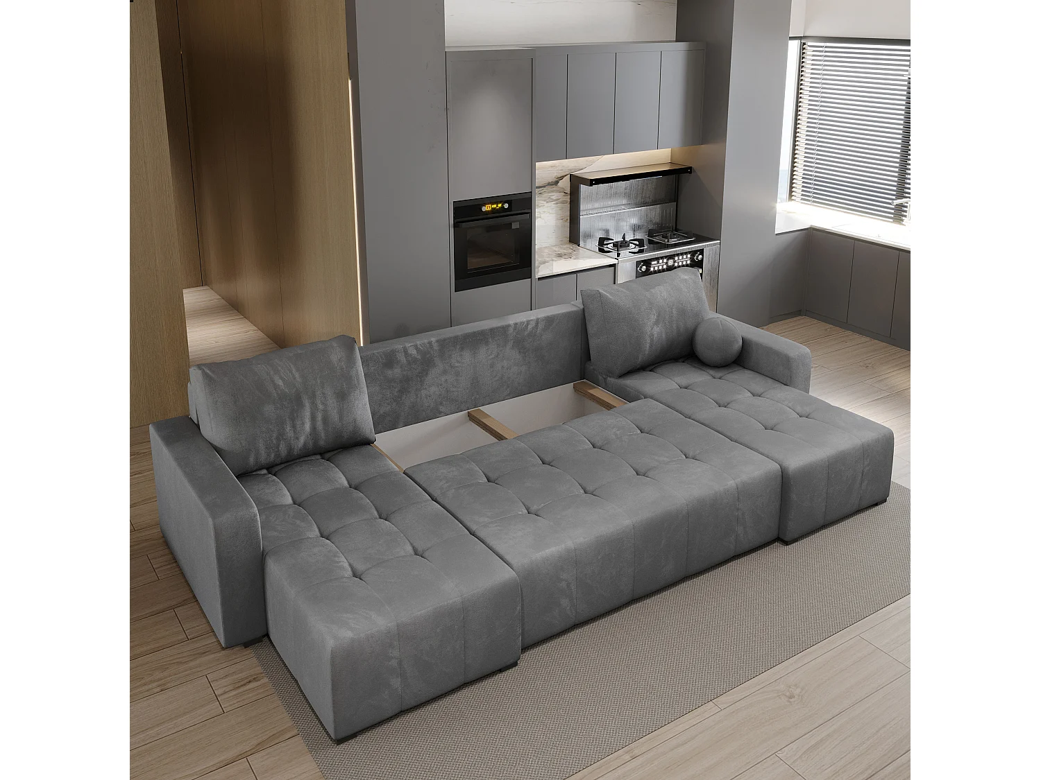 Canapé d'angle TOLARI Gris en peluche avec fonction de couchage