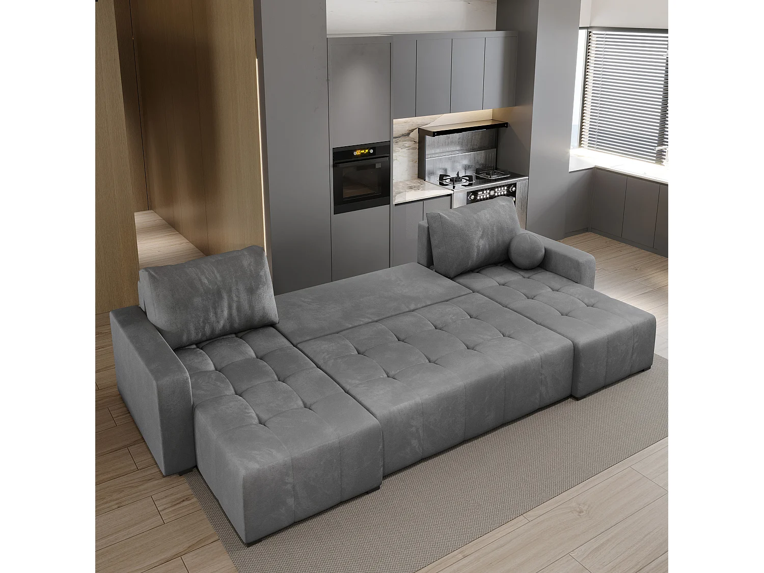 Canapé d'angle TOLARI Gris en peluche avec fonction de couchage