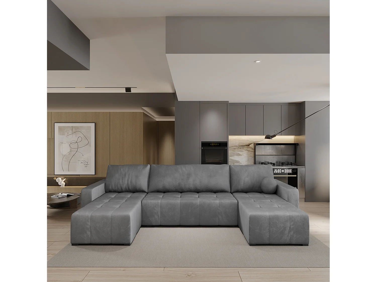 Canapé d'angle TOLARI Gris en peluche avec fonction de couchage