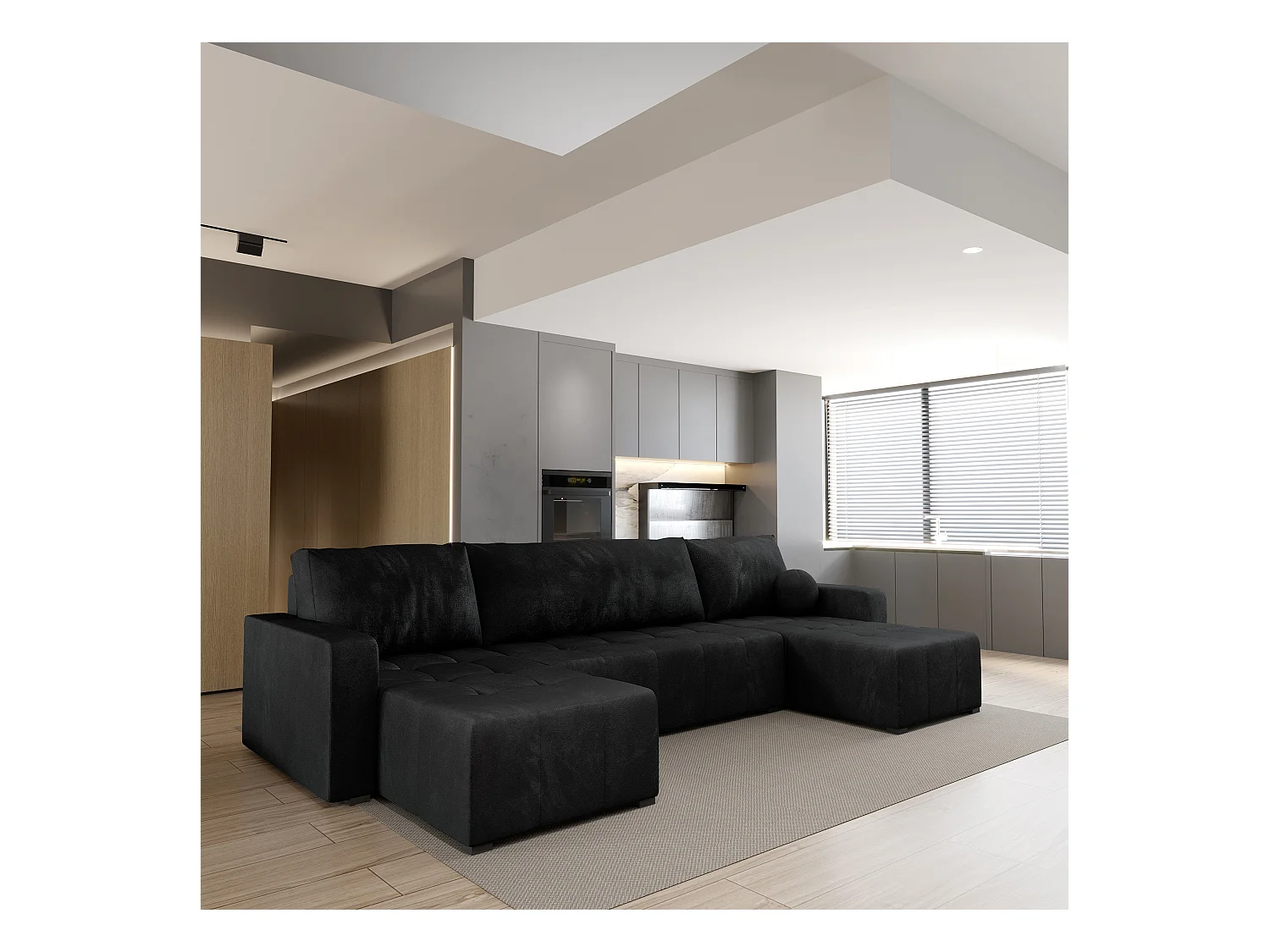 Canapé d'angle TOLARI Noir en peluche avec fonction de couchage