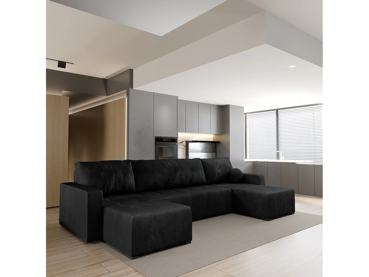 Canapé d'angle TOLARI Noir en peluche avec fonction de couchage