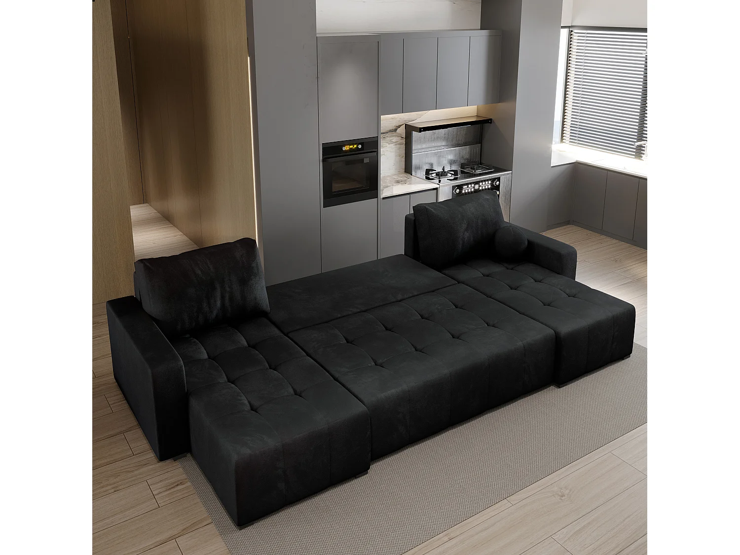 Canapé d'angle TOLARI Noir en peluche avec fonction de couchage
