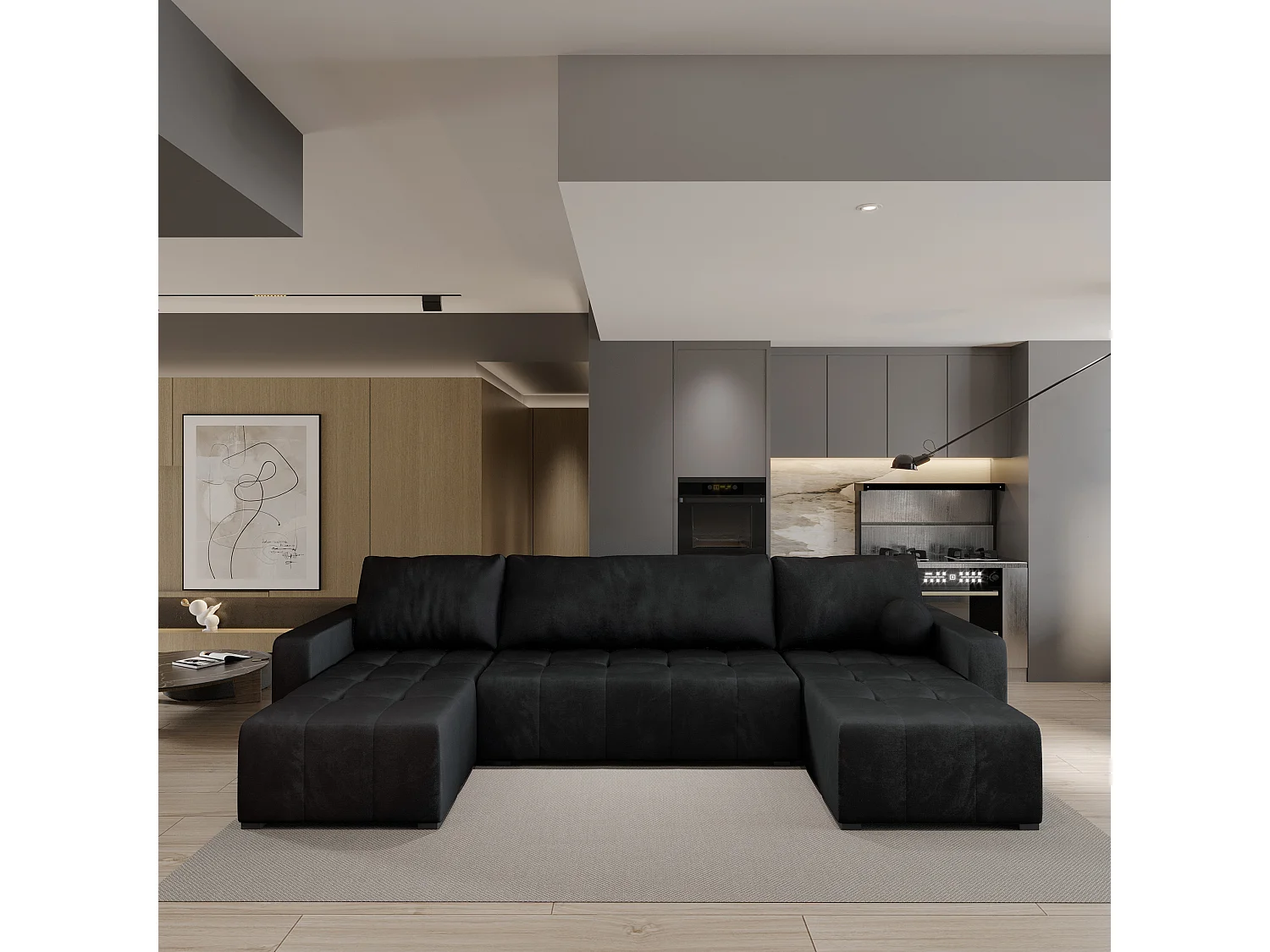 Canapé d'angle TOLARI Noir en peluche avec fonction de couchage