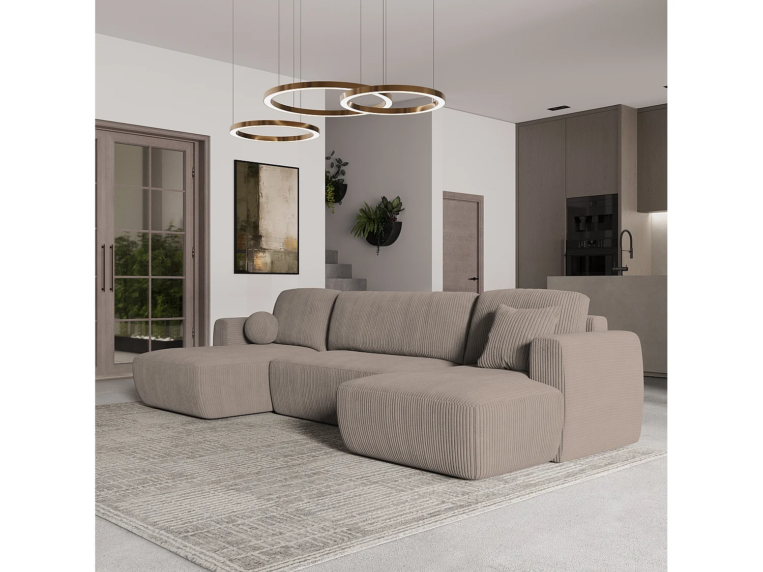 Canapé d'angle SENTUM Beige en velours côtelé avec fonction de couchage