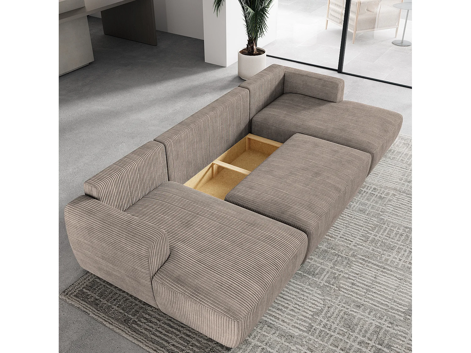 Canapé d'angle SENTUM Beige en velours côtelé avec fonction de couchage